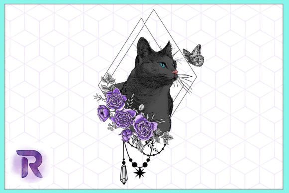 Black Cat Purple Floral Butterfly PNG