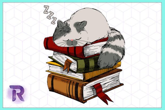 Cat on the Books Cat Cartoon Reading