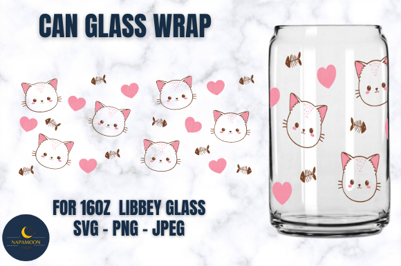 Cute Cat Can Glass Full Wrap Libbey 16oz