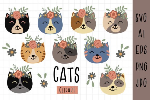 Cute Cat Faces with Flowers Clipart